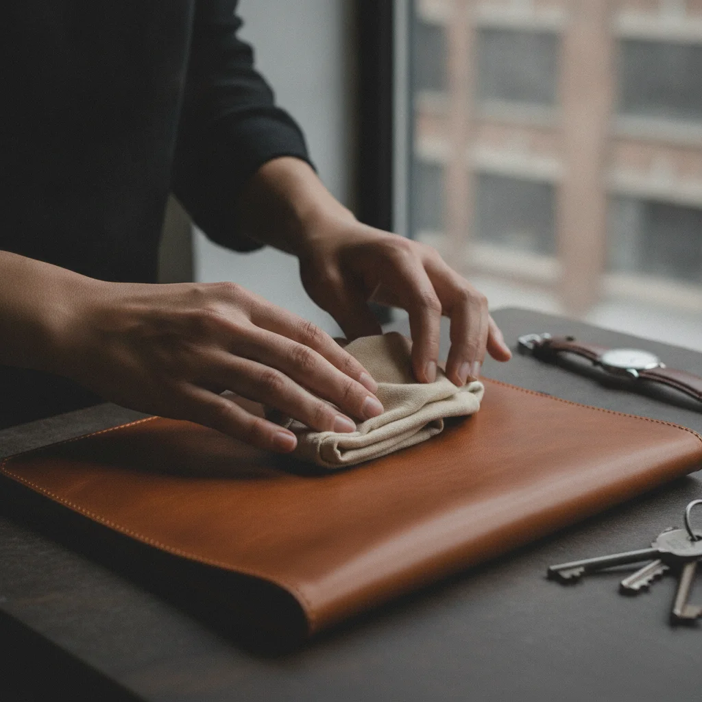 Outils de nettoyage doux alignés pour entretenir un accessoire en cuir de vachette