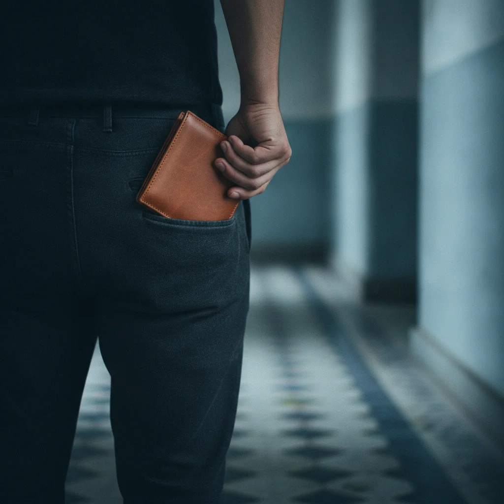 Portefeuille fermé posé sur une surface sombre, évoquant la protection discrète des cartes qu'il renferme