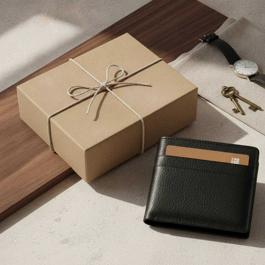 Ensemble d'accessoires de maroquinerie disposés avec sobriété